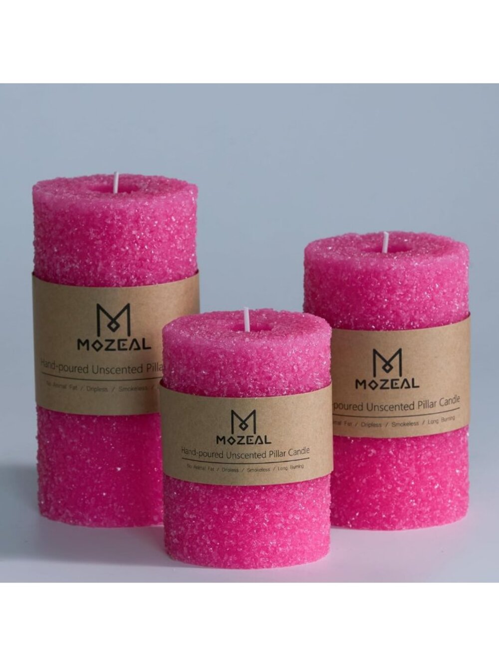 Set of 3 Decorative Hot Pink Pillar Candles - Dripless, Unscented, Smokeless